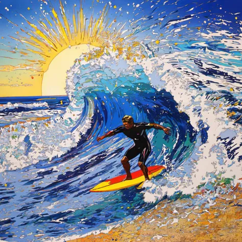 Surfing Surfer on surfboard, high waves, night sky, by van gogh, full body, cinematic still, (best quality, masterpiece, photorealistic), very aesthetic, perfect composition, intricate details, ultra-detailed, vivid colors