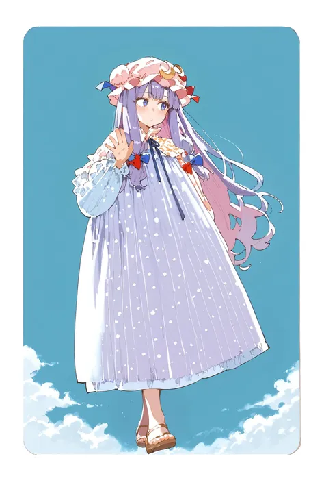 (score_9, score_8_up:1.1),score_7_ up,highly detailed,
BREAK
1girl,purple hair,purle eyes,long hair,mob cap,crescent hat ornament,ribbon,dress,patchouli knowledge,waving goodbye,walking away,head turn,:P,sandals,toes,feet,<lora:detailed_notrigger:1>,<lora:naip33:0.85>,<lora:Illustrations_for_children:1>,