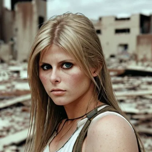 RAW photo, a close up portrait photo of nicole eggert in wastelander clothes, long haircut, pale skin, slim body, background is city ruins, (high detailed skin:1.2), 8k uhd, dslr, soft lighting, high quality, film grain, Fujifilm XT3 <lora:nicole eggert v1.3:0.8>