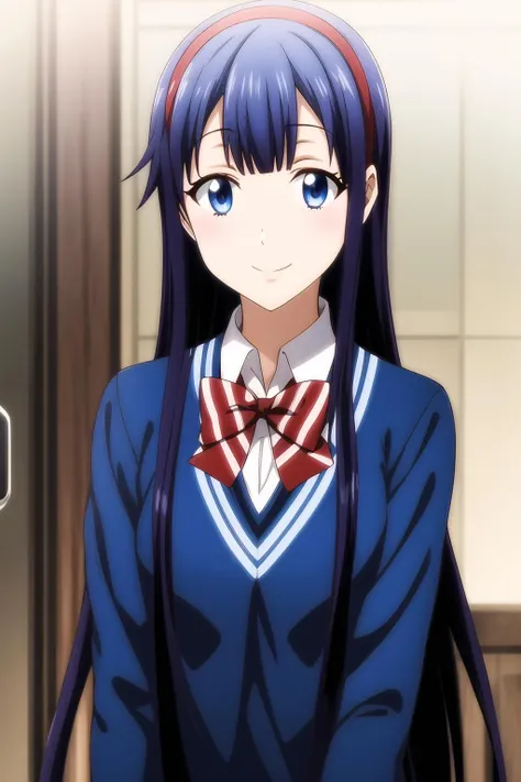mikotoasuka, <lora:mikoto asuka s1-lora-nochekaiser:1>,
mikoto asuka, long hair, blue eyes, blue hair, hairband, red hairband, smile,
BREAK skirt, bow, school uniform, pleated skirt, bowtie, sweater, plaid, plaid skirt,
BREAK indoors, classroom,
BREAK looking at viewer,
BREAK <lyco:GoodHands-beta2:1>, (masterpiece:1.2), best quality, high resolution, unity 8k wallpaper, (illustration:0.8), (beautiful detailed eyes:1.6), extremely detailed face, perfect lighting, extremely detailed CG, (perfect hands, perfect anatomy),