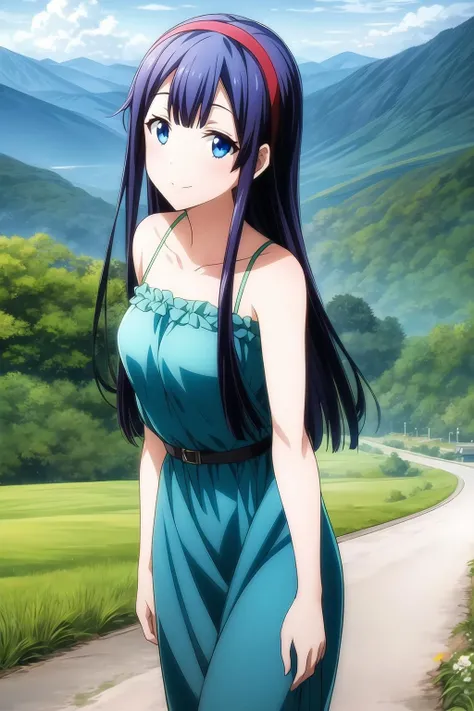 1girl, bangs, indigo hair, blue eyes, red hairband, long hair, casual dress, green dress, village background, road, grass, nature, mountains, day, summer, cloudy, looking at viewer, smile, solo, mikoto_asuka, <lora:add_detail:0.7>