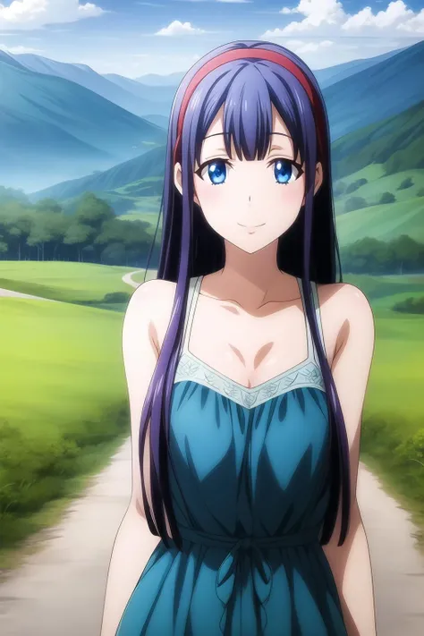 1girl, bangs, indigo hair, blue eyes, red hairband, long hair, casual dress, green dress, village background, road, grass, nature, mountains, day, summer, cloudy, looking at viewer, smile, solo, mikoto_asuka, <lora:add_detail:0.7>
