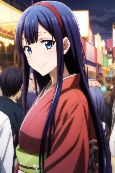 1girl, bangs, indigo hair, blue eyes, red hairband, long hair, kimono, night, lights, festival background, looking at viewer, smile, solo, mikoto_asuka, <lora:add_detail:0.7>