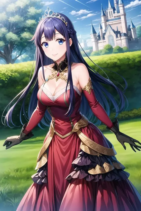 1girl, bangs, indigo hair, blue eyes, long hair, princess gown, gown dress, frills gown, gloves, princess headwear, tiara crown, outdoor, garden background, castle background, look at viewer, smile, mikoto_asuka, upper body, <lora:add_detail:0.7>