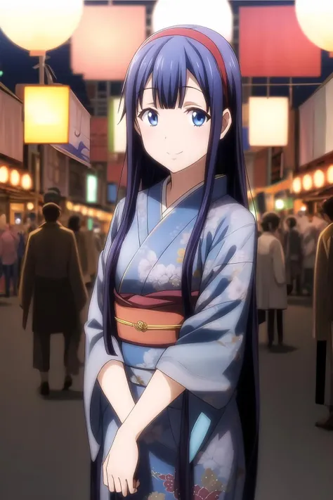 1girl, bangs, indigo hair, blue eyes, red hairband, long hair, kimono, night, lights, festival background, looking at viewer, smile, solo, mikoto_asuka, <lora:add_detail:0.7>