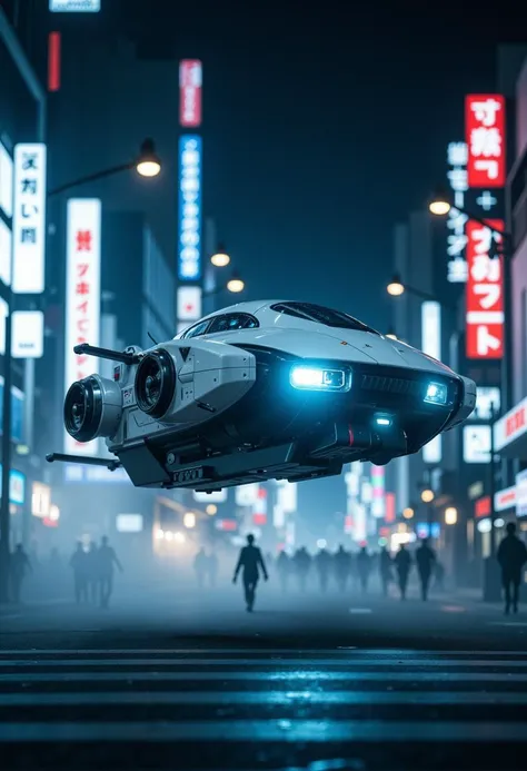 a (hovering, flying:1.1) white science fiction (futuristic military hover-bike) in shinjuku, science fiction, cinematic lighting, night time, volumetric light, imax, dslr, highly detailed, volumetric fog, dystopian vibes, dutch angle, cinematic angle