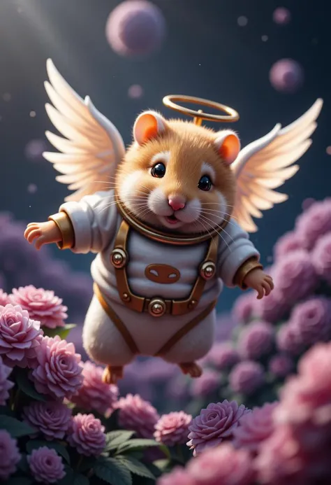 (dynamic action pose), a photo with a tilt shift . selective focus, miniature effect, blurred background, highly detailed, bright, perspective control, a picture with a natural tilt (whimsically artistic), charming fluffy chubby Dzungarian hamster with angelic wings flying in space in a spacesuit, dark but magical alien planet, macro photography, (charming:1.1), (huge flora: 1.1), mystical, vivid photography, preoccupied, bizarre, disturbing, soft-focus, over-detailed digital art