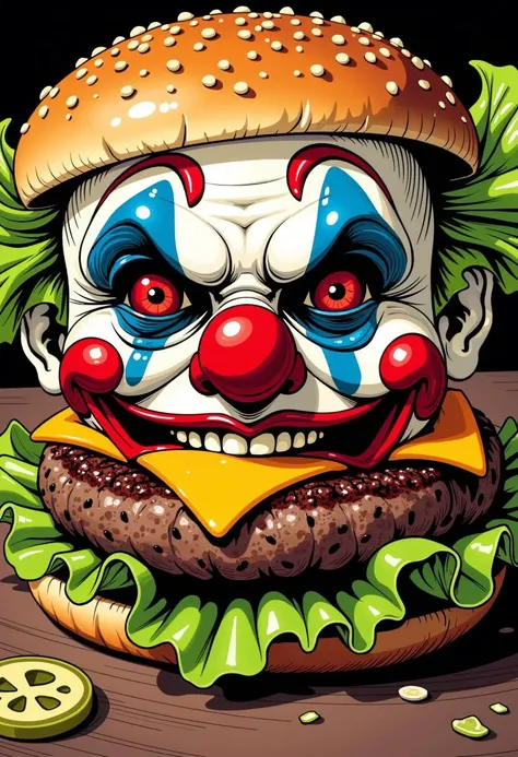 detailed abstract surreal comic book style illustration, close up, of a hamburger that resembles an evil clown face (made out of burger patty:1.1), lettuce hair, pickles for ears, tomato nose, teeth are made of cheddar cheese, sesame seed bun, natural light