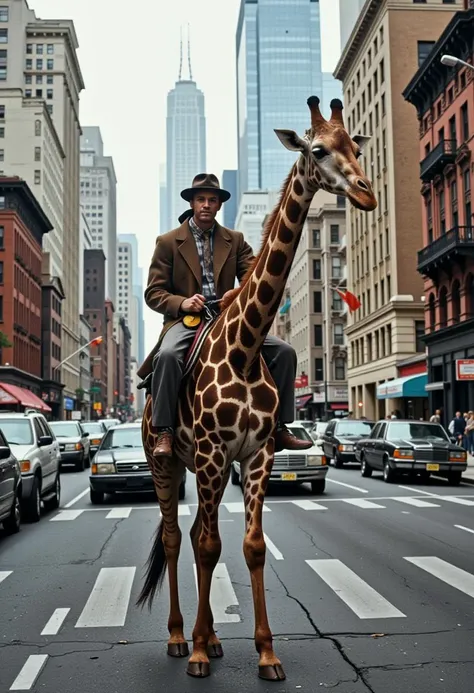 from the 1980's, a cinematic nature photograph of a man riding atop a giraffe on the streets of NYC