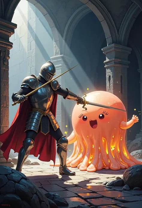 painting of a fight scene, a royal knight wearing ornate armor battling a cute giant cartoon style translucent slime blob in a dungeon, double exposure, digital art