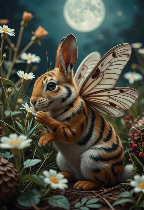 Capture a hyper-realistic photograph of a delicate yet powerful creature, a rabbit with the striped fur of a tiger, combined with the soft, powdery wings and antennae of a moth. The rabbitâs body is small and fluffy, with bold orange and black stripes covering its fur, and its back is adorned with large, soft moth wings that shimmer in muted tones. The scene is set in a moonlit garden, with the creature nestled among flowers, its wings gently fluttering as it sniffs at a bloom.