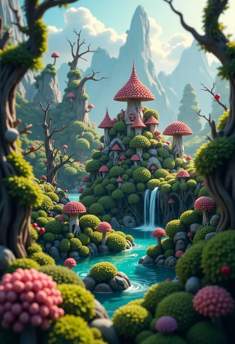 Tilt-shift photo of A vibrant,colorful floating city,clouds above a beautiful,enchanted landscape filled with whimsical flora,enchanted forest landscape,Magical and dreamy woodland with vibrant green foliage and sparkling flowers,Landscape with twisted trees and vines,natural lighting and dark shadows,unique fantastical elements like floating islands and floating orbs,Highly detailed vegetation and foliage,deep contrast and color vibrancy,texture and intricate details in a mushroom element,merged,symmetry,unique,perfect,cinematic,focused,quality,very inspirational,inspiring,thought,highly saturated colors,lucid,pristine,spectacular,flawless,artistic,sharp focus,winning,illuminated,epic,stunning,gorgeous,breathtaking,creative,hopeful,futuristic,best,full,, ultra quality, ultra detailed, intricate details, 8k, hdr, rim light, chiaroscuro, golden hour, Bokeh, tilt-shift, masterpiece, dark shot, shadow, beautifully lit . Selective focus, miniature effect, blurred background, highly detailed, vibrant, perspective control