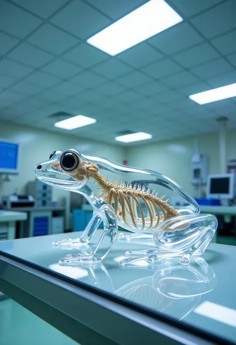 medical examination, a transparent frog made entirely of glass with a perfect visible (nervous system:1.3) and bones inside, medical equipment and hospital like interior in the background