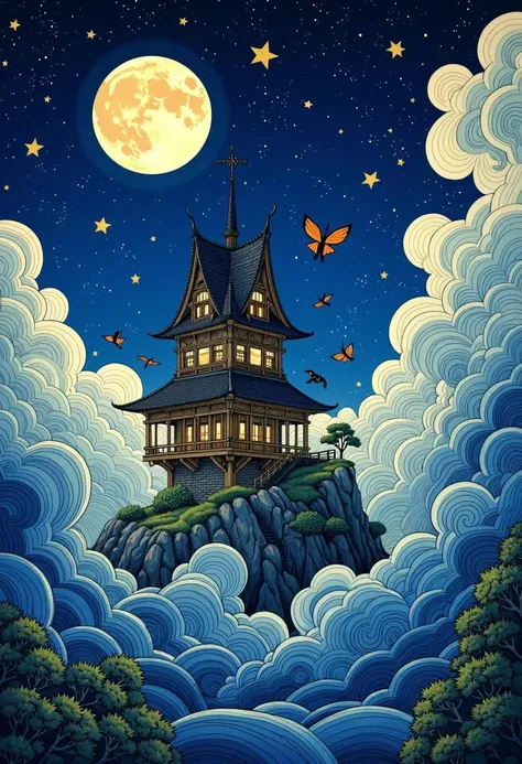 Ivan Bilibin Style, woodblock print, (masterpiece, best quality, highly detailed:1.2), wonderful night sky, stars, full moon, (swirling clouds), dreamy japanese bathouse, fantasy aesthetic, intricate detail