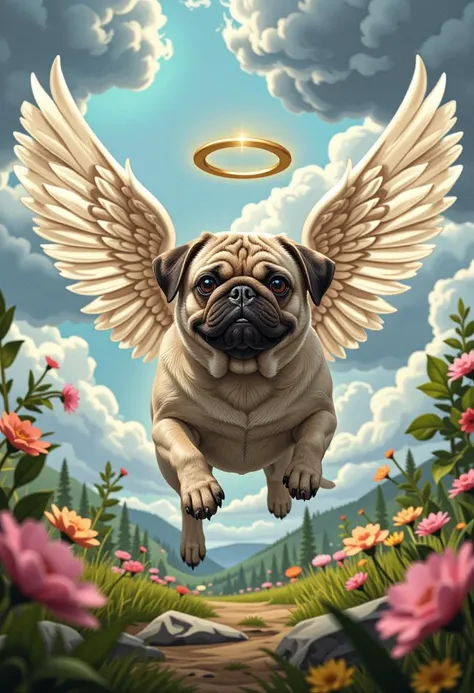 (10mm focal length photograph:1.1), a flying pug with big angel wings on it's back and a halo above it's head in a fantasy landscape, (video game hearthstone, Professional, masterpiece, commissioned:.1)