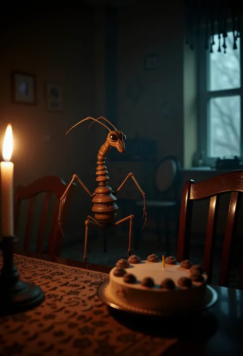 chiaroscuro lighting, dim Horror LUT, cinematic horror, night time, analog candlelit photo of an ant-like creature in a room with birthday cake on the table, insectoid, eerie nostalgic well decorated soviet interior, post apocalyptic, creepy ambiance, Lovecraftian atmosphere, masterpiece, best quality