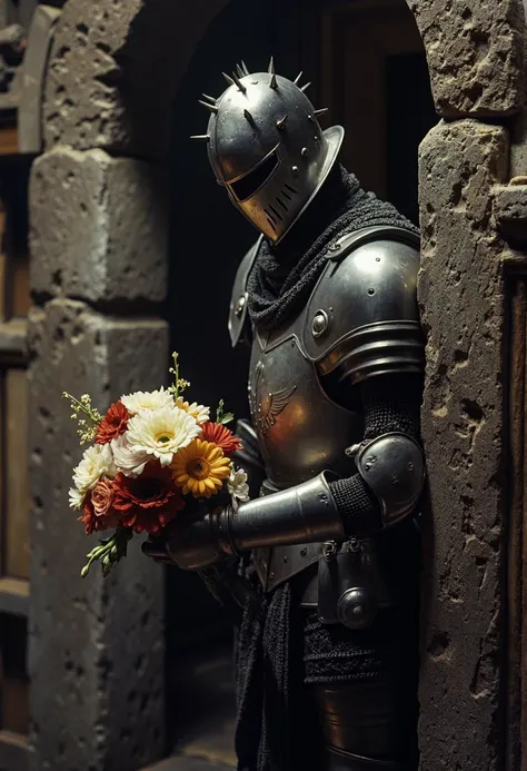 old analog photo from the 70's, low resolution, 1970's dungeons and dragons dark fantasy artstyle, darkness in the background, (gritty, film grain:1.2), a knight with a spiked helmet holding a boquet of flowers in a crypt, low key, chiaroscuro lighting, realistic