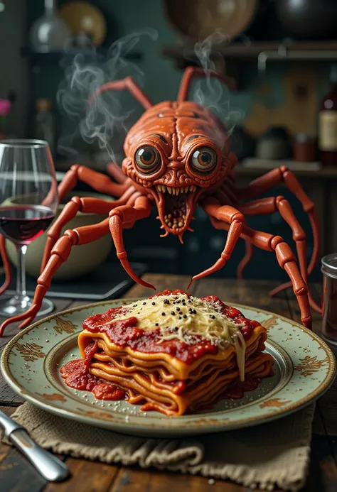 a creepy monster made of Lasagna Bolognese with eyes starring at you, ornate plating on centipede legs, rich red sauce, steaming slightly, beautiful melted cheese, top covered in flakes of parmesan, a few flakes of ground black pepper, in a dirty soviet era kitchen, a half filled glass of red wine on the left, peaceful background, relaxing atmosphere, Photorealistic, Highly detailed, masterpiece, 4k, high resolution