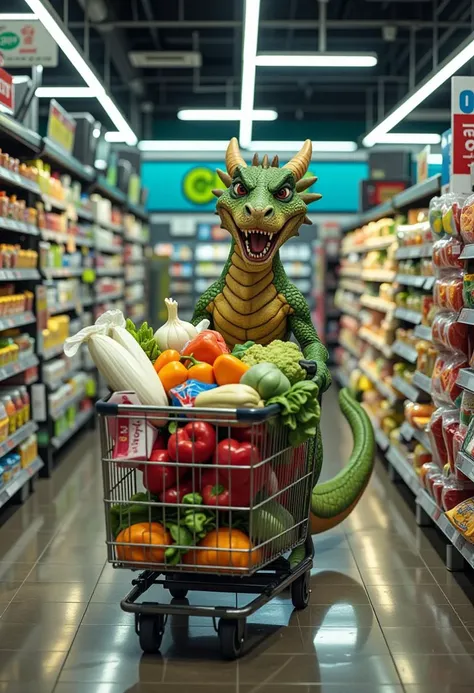 A dragon shopping at the store pushing a shopping cart full of vegetables and snacks, bright fluorescent lighting, cinematic, detailed,