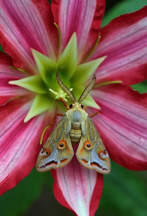 A stunning macro photograph of a cute octopus moth on a giant hibuscus flower in a garden, colorful, big wings, depth of field, artistic aesthetic, rule of thirds, symmetrical tentacles