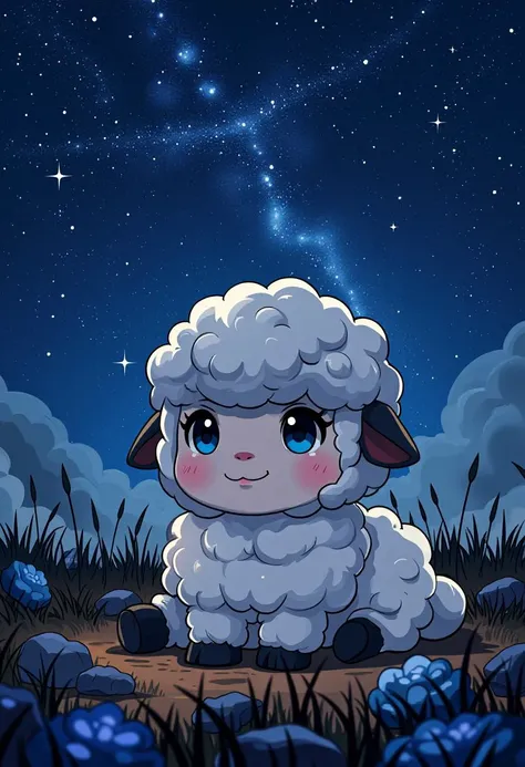 A small cute chibi sheep is sitting in a field at night. The milky way is visible in the sky and several stars are shining. The sheepâs fur is made up of cosmic swirls and stark color contrasts.