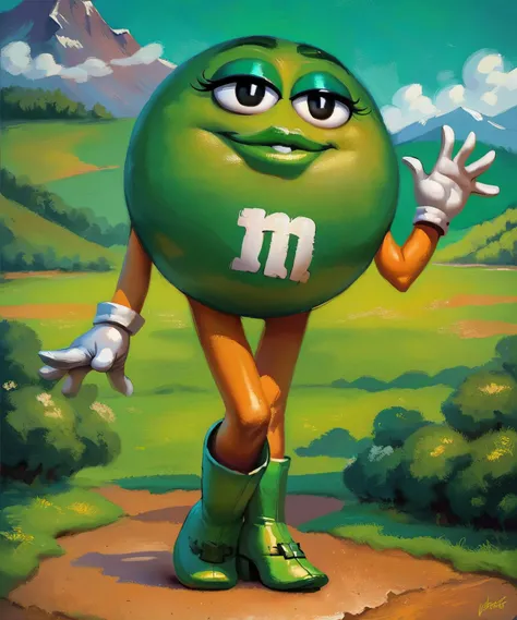 score_9,score_8_up,score_7_up,score_6_up, source_cartoon, oil painting,
msgreen,white gloves,black eyes, standing, full body shot, waving, boots, green eyeshadow, lips,smiling, scenic park, mountain, sunny, 
<lora:MsGreen:1> <lora:Eldritch Oil Style LoRA_Pony XL v6:1>