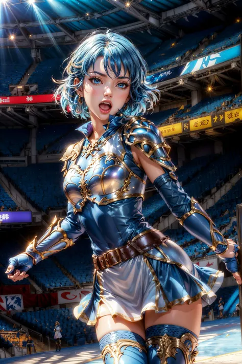 <lora:theaV1:0.5> thea, armor, blue footwear, blue gloves, fingerless gloves, detailed background, arena, gloves, looking at viewer, miniskirt, open mouth, shoulder armor, thigh boots, thighhighs, upper body <lora:more_details:0.5>