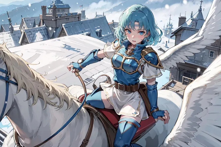 (from above),<lora:theaV1-000013:0.75>,thea, <lora:riding_pegasus:1> ,riding_pegasus,wings,in the sky,flying,breastplate, armor, thighhighs, gloves, fingerless gloves, shoulder armor,circlet, zettai ryouiki, thigh boots, boots,belt,short sleeves, blue footwear, looking at viewer, pauldrons, miniskirt,castle,snowing,(masterpiece, best quality, ultra-detailed, best shadow),
