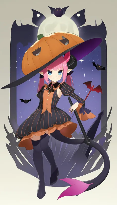 from front, 1girl, solo, long hair, looking at viewer, smile, blue eyes, thighhighs, hat, dress, tail, weapon, pink hair, earrings, boots, detached sleeves, wings, horns, pointy ears, striped, witch hat, night, moon, cat, polearm, demon tail, vertical stripes, halloween, jack-o'-lantern, pumpkin, bat (animal), striped dress, black cat, trident, vertical-striped dress, pointy footwear, elizabeth bathory (fate), elizabeth bathory (fate/extra ccc),<lora:Wada_Arco__Style__XL:1.2>,