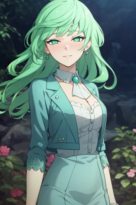 ((extreme detail)),(ultra-detailed), extremely detailed CG unity 8k wallpaper, <lora:FemmeMermaid:0.7>femme mermaid, anime screencap, (jewelry:1.2), (jacket:1.3), (shirt:1.2), collar, ascot, smile, close-up, blurry background, blush, looking at viewer, forest, flowers,