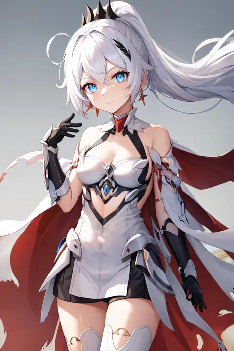 <lora:HOFV7:1>hof, 1girl, kiana kaslana, solo, small breasts, medium breasts, blue eyes, gauntlets, white hair, cleavage, jewelry, ponytail, earrings, bare shoulders, closed mouth, bangs, simple background, hair ornament, looking at viewer, hair between eyes, torn cape, armor, antenna hair, thigh boots, white thighhighs, black gloves, boots, white footwear