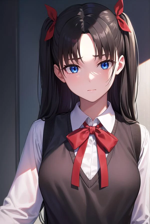 rintohsaka, <lyco:rintohsaka-lyco-nochekaiser:1>,
rin tohsaka, aqua eyes, (black hair:1.5), hair ribbon, long hair, ribbon, sidelocks, two side up, (parted bangs:1.5),
BREAK (brown sweater vest:1.2), collared shirt, homurahara academy school uniform, neck ribbon, red ribbon, ribbon, school uniform, shirt, sweater vest, white shirt,
BREAK indoors, classroom,
BREAK looking at viewer, cowboy shot, (full body:1.2), (upper body:1.2),
BREAK <lyco:GoodHands-beta2:1>, (masterpiece:1.2), best quality, high resolution, unity 8k wallpaper, (illustration:0.8), (beautiful detailed eyes:1.6), extremely detailed face, perfect lighting, extremely detailed CG, (perfect hands, perfect anatomy),