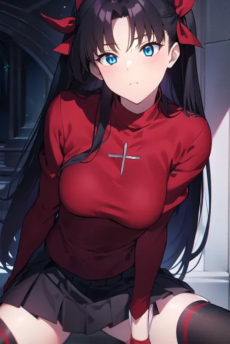 rintohsaka, <lyco:rintohsaka-LYCORIStest:1>, rin tohsaka, aqua eyes, black hair, hair ribbon, long hair, ribbon, sidelocks, two side up,
BREAK black skirt, black thighhighs, long sleeves, miniskirt, pleated skirt, red sweater, skirt, sweater, thighhighs, turtleneck,
BREAK outside, city,
BREAK looking at viewer, BREAK <lora:GoodHands-vanilla:1>, (masterpiece:1.2), best quality, high resolution, unity 8k wallpaper, (illustration:0.8), (beautiful detailed eyes:1.6), extremely detailed face, perfect lighting, extremely detailed CG, (perfect hands, perfect anatomy),