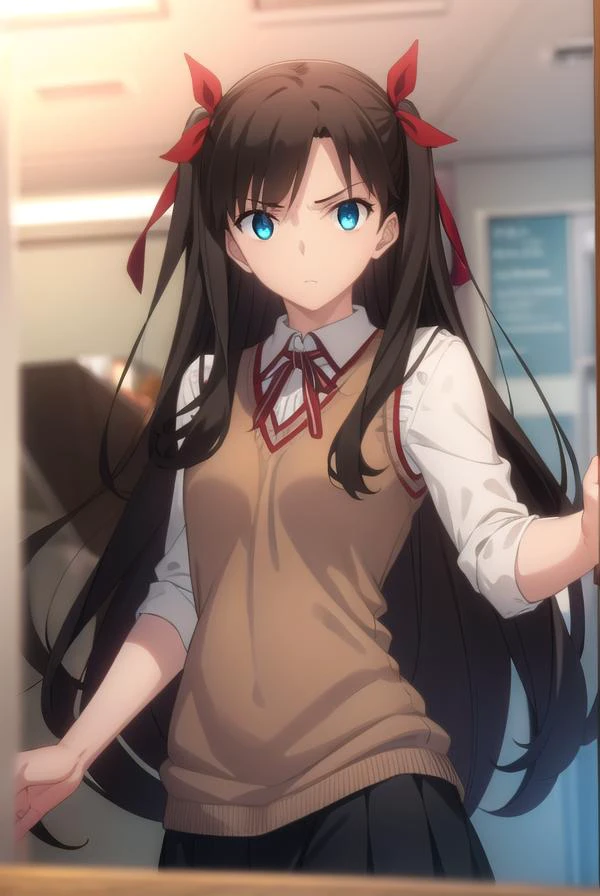 rintohsaka, <lyco:rin tohsaka ubw-lyco-nochekaiser:1>,
rin tohsaka, aqua eyes, (black hair:1.2), hair ribbon, long hair, ribbon, sidelocks, two side up, (parted bangs:1.5),
BREAK (brown sweater vest:1.2), collared shirt, homurahara academy school uniform, neck ribbon, red ribbon, ribbon, school uniform, shirt, sweater vest, white shirt,
BREAK indoors, classroom,
BREAK looking at viewer, (cowboy shot:1.5)
BREAK <lyco:GoodHands-beta2:1>, (masterpiece:1.2), best quality, high resolution, unity 8k wallpaper, (illustration:0.8), (beautiful detailed eyes:1.6), extremely detailed face, perfect lighting, extremely detailed CG, (perfect hands, perfect anatomy),