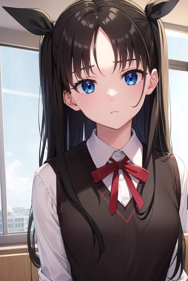 rintohsaka, <lyco:rintohsaka-lyco-nochekaiser:1>,
rin tohsaka, aqua eyes, (black hair:1.5), hair ribbon, long hair, ribbon, sidelocks, two side up, (parted bangs:1.5),
BREAK (brown sweater vest:1.2), collared shirt, homurahara academy school uniform, neck ribbon, red ribbon, ribbon, school uniform, shirt, sweater vest, white shirt,
BREAK indoors, classroom,
BREAK looking at viewer, cowboy shot, (full body:1.2), (upper body:1.2),
BREAK <lyco:GoodHands-beta2:1>, (masterpiece:1.2), best quality, high resolution, unity 8k wallpaper, (illustration:0.8), (beautiful detailed eyes:1.6), extremely detailed face, perfect lighting, extremely detailed CG, (perfect hands, perfect anatomy),