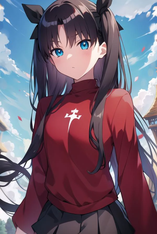 rintohsaka, <lyco:rintohsaka-LYCORIStest:1>, rin tohsaka, aqua eyes, black hair, hair ribbon, long hair, ribbon, sidelocks, two side up,
BREAK black skirt, black thighhighs, long sleeves, miniskirt, pleated skirt, red sweater, skirt, sweater, thighhighs, turtleneck,
BREAK outside, city,
BREAK looking at viewer, BREAK <lora:GoodHands-vanilla:1>, (masterpiece:1.2), best quality, high resolution, unity 8k wallpaper, (illustration:0.8), (beautiful detailed eyes:1.6), extremely detailed face, perfect lighting, extremely detailed CG, (perfect hands, perfect anatomy),