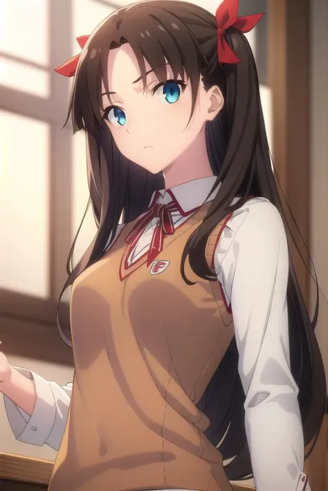 rintohsaka, <lyco:rin tohsaka ubw-lyco-nochekaiser:1>, 
rin tohsaka, aqua eyes, (black hair:1.2), hair ribbon, long hair, ribbon, sidelocks, two side up, (parted bangs:1.5),
BREAK (brown sweater vest:1.2), collared shirt, homurahara academy school uniform, neck ribbon, red ribbon, ribbon, school uniform, shirt, sweater vest, white shirt,
BREAK indoors, classroom,
BREAK looking at viewer, (cowboy shot:1.5)
BREAK <lyco:GoodHands-beta2:1>, (masterpiece:1.2), best quality, high resolution, unity 8k wallpaper, (illustration:0.8), (beautiful detailed eyes:1.6), extremely detailed face, perfect lighting, extremely detailed CG, (perfect hands, perfect anatomy),