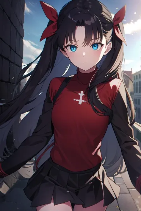 rintohsaka, <lyco:rintohsaka-LYCORIStest:1>, rin tohsaka, aqua eyes, black hair, hair ribbon, long hair, ribbon, sidelocks, two side up,
BREAK black skirt, black thighhighs, long sleeves, miniskirt, pleated skirt, red sweater, skirt, sweater, thighhighs, turtleneck,
BREAK outside, city,
BREAK looking at viewer, BREAK <lora:GoodHands-vanilla:1>, (masterpiece:1.2), best quality, high resolution, unity 8k wallpaper, (illustration:0.8), (beautiful detailed eyes:1.6), extremely detailed face, perfect lighting, extremely detailed CG, (perfect hands, perfect anatomy),