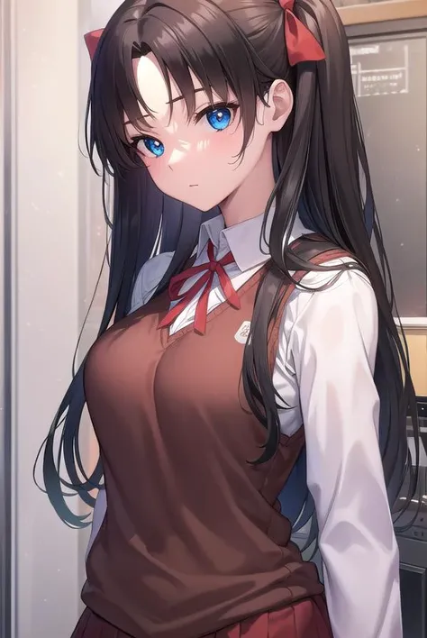 rintohsaka, <lyco:rintohsaka-lyco-nochekaiser:1>,
rin tohsaka, aqua eyes, (black hair:1.5), hair ribbon, long hair, ribbon, sidelocks, two side up,
BREAK (brown sweater vest:1.2), collared shirt, homurahara academy school uniform, neck ribbon, red ribbon, ribbon, school uniform, shirt, sweater vest, white shirt
BREAK indoors, classroom,
BREAK looking at viewer, full body,
BREAK <lyco:GoodHands-beta2:1>, (masterpiece:1.2), best quality, high resolution, unity 8k wallpaper, (illustration:0.8), (beautiful detailed eyes:1.6), extremely detailed face, perfect lighting, extremely detailed CG, (perfect hands, perfect anatomy),