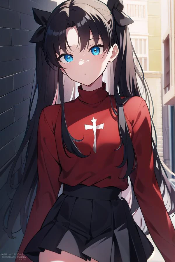 rintohsaka, <lyco:rintohsaka-LYCORIStest:1>, rin tohsaka, aqua eyes, black hair, hair ribbon, long hair, ribbon, sidelocks, two side up,
BREAK black skirt, black thighhighs, long sleeves, miniskirt, pleated skirt, red sweater, skirt, sweater, thighhighs, turtleneck,
BREAK outside, city,
BREAK looking at viewer, BREAK <lora:GoodHands-vanilla:1>, (masterpiece:1.2), best quality, high resolution, unity 8k wallpaper, (illustration:0.8), (beautiful detailed eyes:1.6), extremely detailed face, perfect lighting, extremely detailed CG, (perfect hands, perfect anatomy),