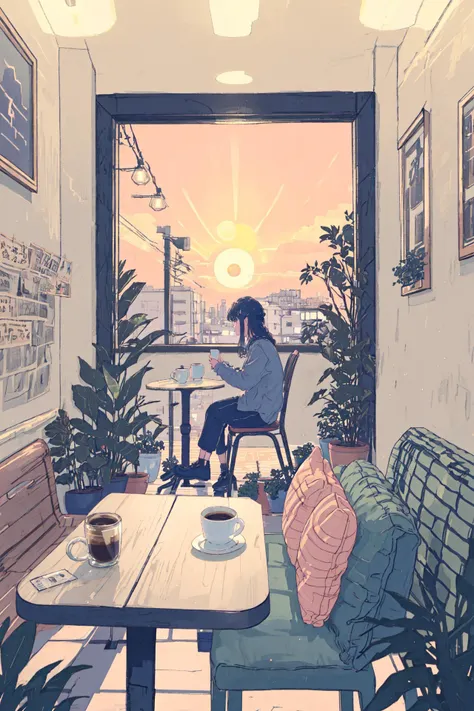 neon, 1girl,sitting, coffee shop,sun set, plate, mug, coffee, smoke, cat, picture frame, table, chair, colorful, lighting, interior, plants,ligne claire,lofi,(((best quality))), (((masterpiece))), (((detailed)))  <lora:LohaWhiteDewStyle_lohaV10:1>