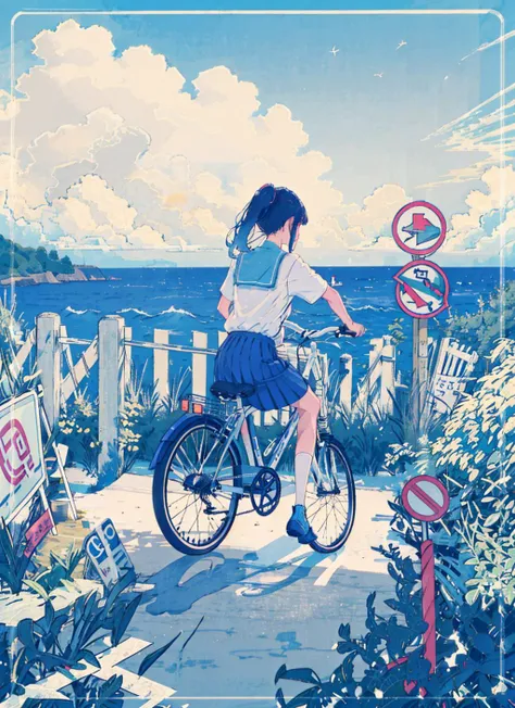 neon, ground vehicle, skirt, bicycle, white shirt, socks, shirt, blue theme, short sleeves, shoes, sign, blue skirt, sailor collar, pleated skirt, from behind, long hair, school uniform, 2girls, multiple girls, serafuku, cloud, blue sailor collar, white socks, bottle, facing away, aqua theme, jellyfish, fish, ponytail, sky, standing, border, road sign, black hair, blue sky, riding, blue hair, wide shot, shadow, water, ocean, bubble, blue footwear<lora:neon:1.1>