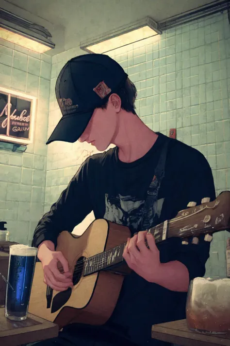 1boy, instrument, male_focus, hat, guitar, solo, cigarette, baseball_cap, shirt, playing_instrument, smoking, black_hair, mouth_hold, music, microphone, bottle, indoors, kitchen, long_sleeves, white_shirt, upper_body, short_hair, black_headwear, pink_shirt, holding, mirror, sitting, reflection, shelf, electric_guitar, cup, english_text, pants, microphone_stand, holding_instrument, acoustic_guitar, alcohol, spatula, sink, black_pants, refrigerator, hat_over_eyes, cable, faucet, smoke, counter, t-shirt, drinking_glass, jar, dated, signature, bathroom, beer, character_name, artist_name, neon_lights, sleeves_rolled_up, water_bottle, mug, alternate_costume, dutch_angle, shaded_face, parted_lips, looking_down, whiskey, food, cowboy_shot, glass, profile, tile_wall, drink, looking_away, lighter, tiles, plectrum, candy, casual <lora:whitedew-pynoiseloha:1>