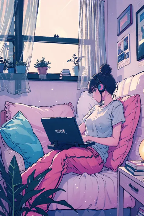 1girl, laptop, computer, solo, window, headphones, plant, indoors, potted plant, sitting, lamp, barefoot, pants, tank top, black hair, book, chair, hair bun, couch, stuffed toy, table, night, pillow, cup, tablet pc, bed, curtains, flower, shelf, single hair bun, short hair, phone<lora:whitedew-pynoiseloha-000012:1>