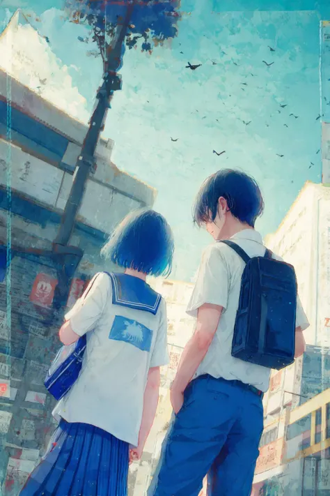 1girl, 1boy, sky, cloud, school_uniform, cat, bag, skirt, fence, short_hair, shirt, white_shirt, pants, short_sleeves, chain-link_fence, serafuku, pleated_skirt, school_bag, outdoors, blue_sky, bird, day, standing, cloudy_sky, bus_stop, holding, sailor_collar, from_behind, black_hair, sign, facing_away, collared_shirt, holding_bag, blue_theme, scenery, animal, hand_in_pocket, building, blue_skirt, lens_flare, border, black_pants, monochrome, feet_out_of_frame, plant, tree, blue_neckwear, neckerchief, shirt_tucked_in, hetero, bob_cut, hands_in_pockets, long_sleeves, shoulder_bag, from_side, dutch_angle, wide_shot, blouse, belt, black_skirt, profile, briefcase, summer, from_below, walking, arms_behind_back, white_blouse, medium_hair, star_\(sky\), suitcase, railing, surreal, potted_plant, back, rooftop, looking_away, train_station, blue_sailor_collar, black_bag, looking_up, arms_at_sides, black_cat, light_particles, necktie, road_sign, muted_color, signature, looking_at_another, silhouette, condensation_trail, arm_at_side, cowboy_shot, bench, blue_hair, backpack, duffel_bag, dog, white_cat, blue_pants, framed <lora:whitedew-pynoiseloha:1>