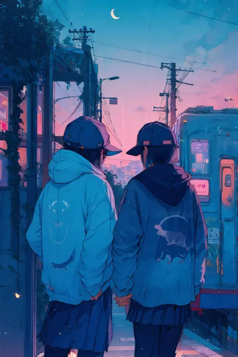 1girl, 1boy, cat, ground_vehicle, hat, hood, bag, moon, crescent_moon, sky, outdoors, baseball_cap, hoodie, train, skirt, white_cat, building, cloud, black_hair, from_behind, holding_hands, road, power_lines, traffic_mirror, short_hair, night, jacket, backpack, city, pleated_skirt, hood_down, blue_theme, long_sleeves, black_headwear, facing_away, pants, scenery, school_uniform, street, sign, mirror, star_\(sky\), black_pants, school_bag, tree, long_hair, standing, utility_pole, animal, motor_vehicle, couple, bus, lamppost, road_sign, white_hoodie, streetcar, shoulder_bag, night_sky, cowboy_shot, starry_sky, hooded_jacket, hetero, cloudy_sky, arms_at_sides, black_skirt, grey_hoodie, white_jacket, light_particles, overhead_line, blue_sky, traffic_light, twilight, crosswalk, looking_at_another, cityscape, blue_skirt, railroad_tracks, train_station, walking, sunset, grass, window, reflection, day, blue_bag, bus_stop, vending_machine, starry_moon, blue_jacket, pink_sky, evening, back, side-by-side, muted_color, medium_hair, gradient_sky, fireflies, arm_at_side, vanishing_point, real_world_location, looking_away, black_cat, car <lora:whitedew-pynoiseloha:1>