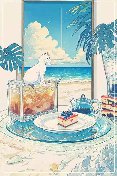 neon, 1girl,sitting, soda in glass, ice tea,beach, sand, ocean, sky, clouds, plate, smoke, cat, cake, dessert on plate, picture frame, table, chair, laptop, colorful, lighting, plants,ligne claire,lofi,looking at viewer,(((best quality))), (((masterpiece))), (((detailed)))  <lora:LohaWhiteDewStyle_lohaV10:1>