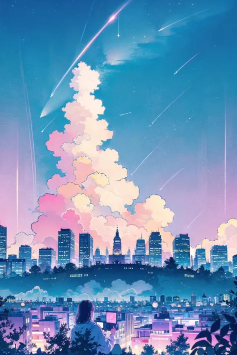 flower, building, skyscraper, white flower, city, shooting star, scenery, cityscape, moon, sky, star (sky), 1girl, no humans, skyline, outdoors, starry sky, solo, crescent moon, cloud, gradient<lora:whitedew-pynoiseloha-000012:1>