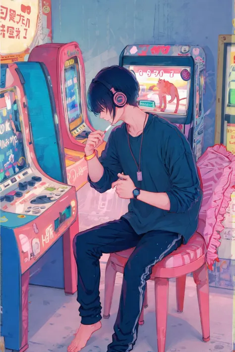 headphones, 1boy, cat, cigarette, sitting, smoking, smoke, pants, solo, male_focus, arcade_cabinet, blue_hair, lollipop, black_cat, black_pants, candy, ashtray, short_hair, arcade, shirt, food, profile, long_sleeves, jewelry, from_side, bracelet, chair, knee_up, feet_out_of_frame, mouth_hold, animal, holding, black_shirt, ground_vehicle, watch, stool, blue_shirt, cigarette_butt, digital_media_player, bangs, wristwatch, jacket, english_text, black_hair, cigarette_pack, collared_shirt, closed_mouth, blue_pants, hair_over_eyes, shadow, short_sleeves, holding_cigarette, neon_lights, lighter, crossed_legs, motor_vehicle, cassette_player, film_grain, white_cat, noise, silhouette, earphones, limited_palette, indoors, joystick, knees_up, necklace, slot_machine, expressionless, cat_on_head, barefoot, border, sleeves_rolled_up, phone, desk, can, halftone, poster_\(object\), blue_theme, grey_background, cable, lips, black_jacket, sticker, wide_sleeves, plate <lora:whitedew-pynoiseloha:1>