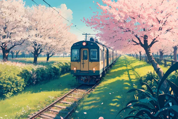 realistic, best quality, 8k uhd, dslr, soft lighting, high quality, film grain, raytracing, extremely detailed CG unity 8k wallpaper,
Japanese train, trees, grass, moss, mossy, cherry blossom, flowers, falling petals,
 <lyco:LohaWhiteDewStyle_lohaV10:1>